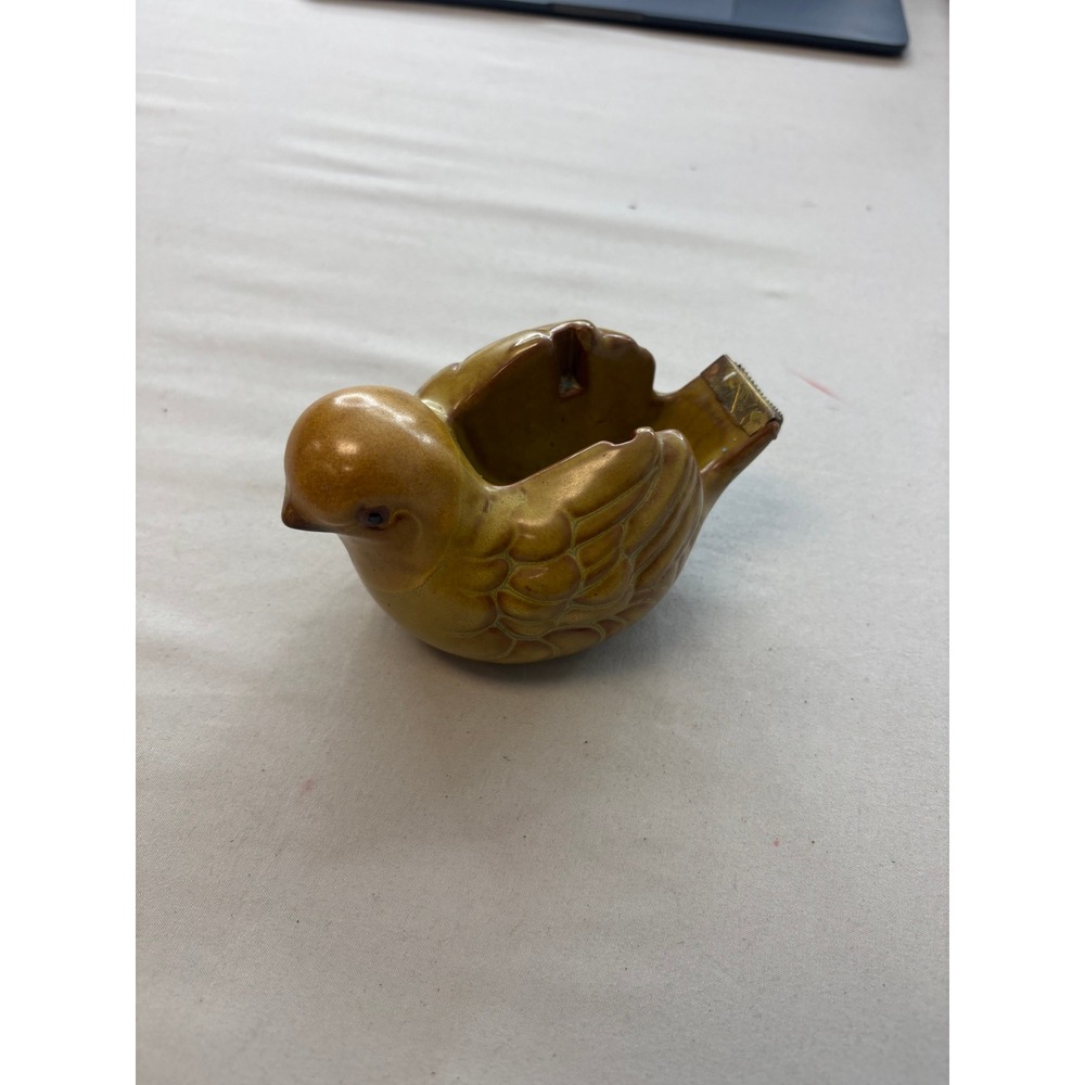 Vintage Ceramic Bird Tape Dispenser Mustard Yellow Pottery Desk Accessory